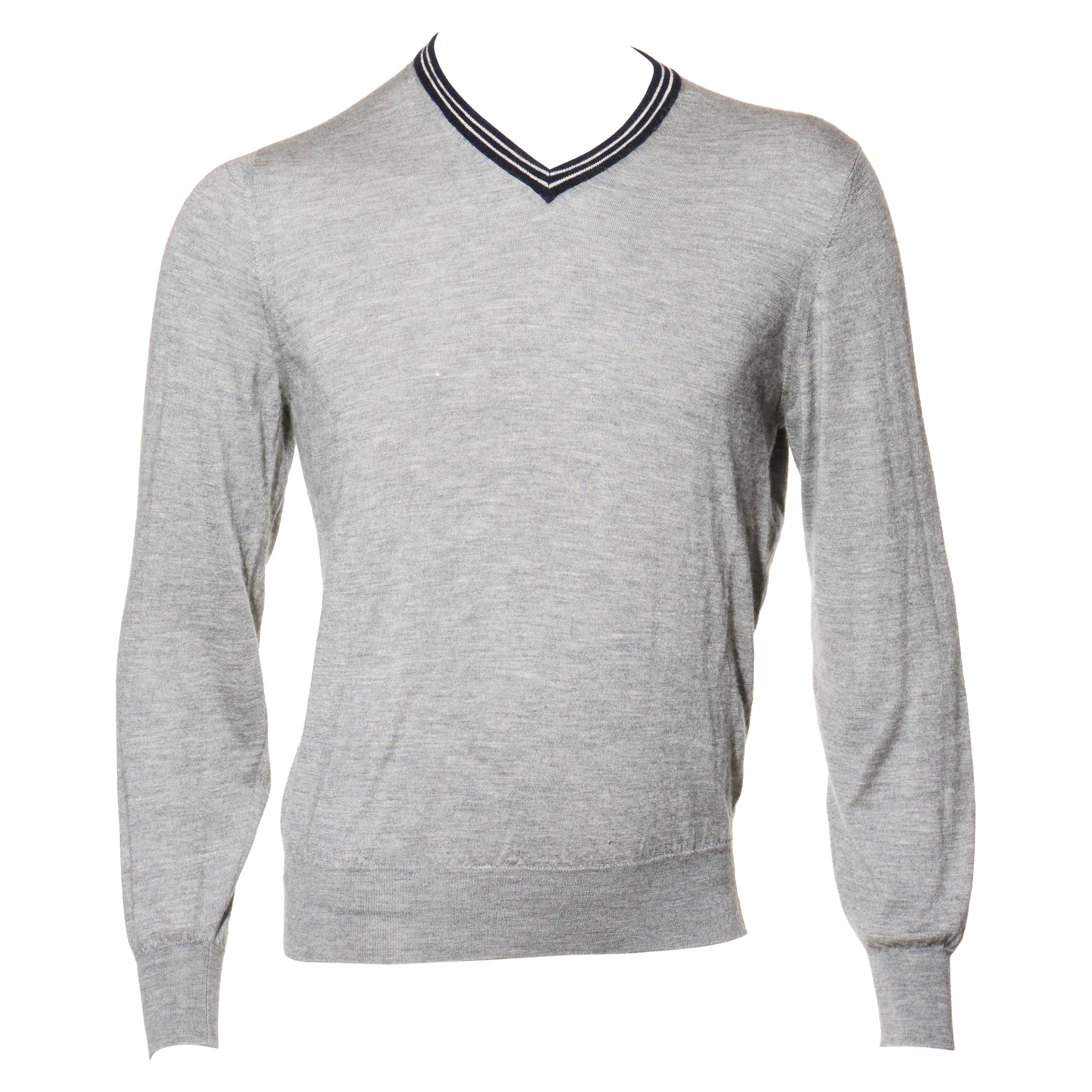 Brunello Cucinelli Grey Cashmere-Silk V-Neck Sweater, Made in Italy
