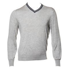 Brunello Cucinelli Grey Cashmere-Silk V-Neck Sweater, Made in Italy
