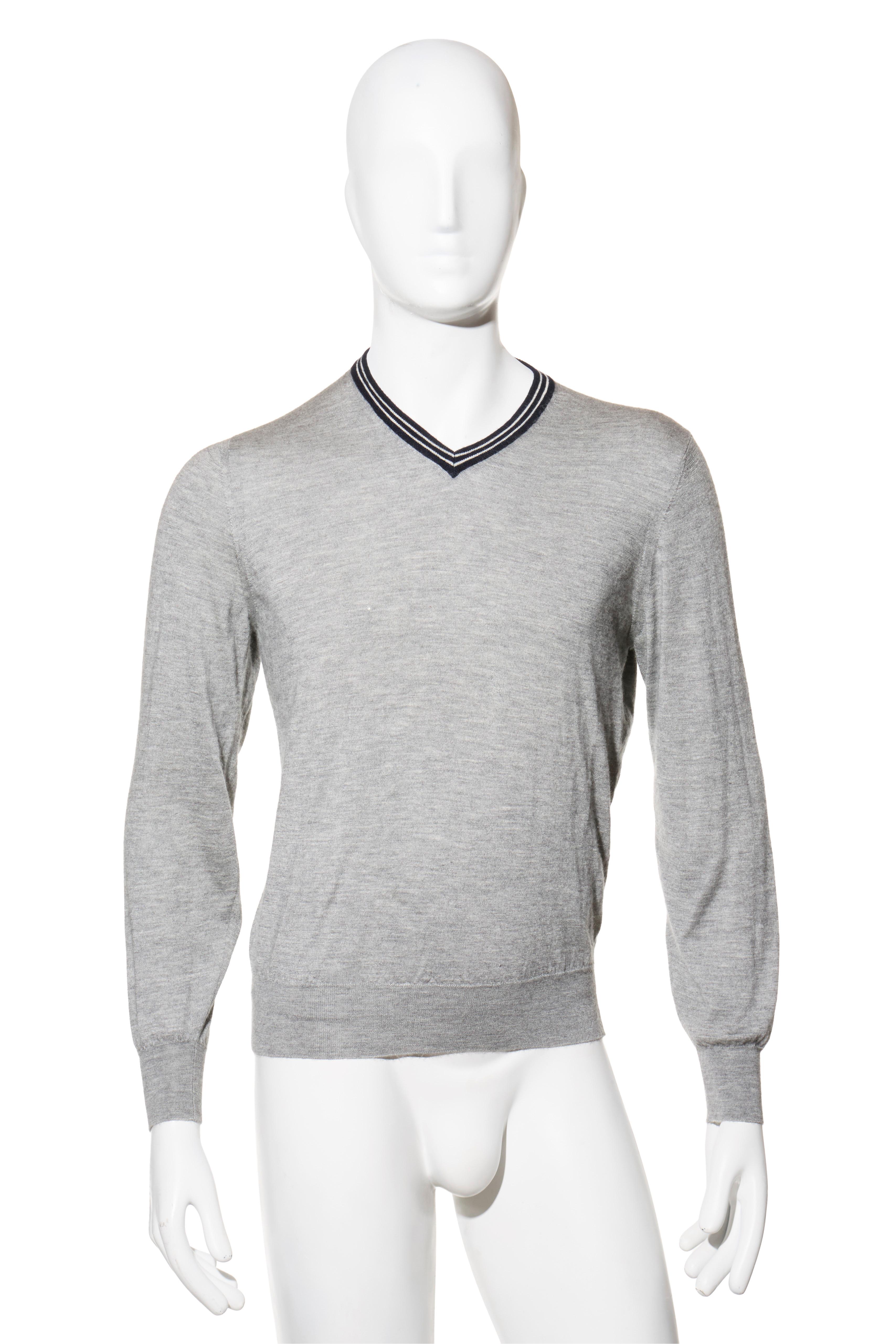 Brunello Cucinelli Grey Cashmere-Silk V-Neck Sweater, Made in Italy