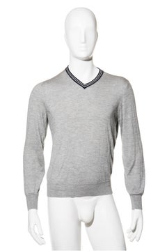 Brunello Cucinelli Grey Cashmere-Silk V-Neck Sweater, Made in Italy