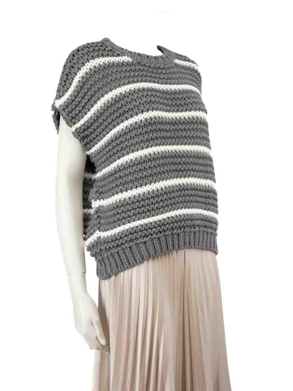 CONDITION is Very good. Hardly any visible wear to is evident on this used Brunello Cucinelli designer resale item.
 
 
 
 Details
 
 
 Grey
 
 Cotton
 
 Chunky knit top
 
 Striped pattern
 
 Sleeveless
 
 Round neck
 
 Oversized fit
 
 
 
 
 
 Made