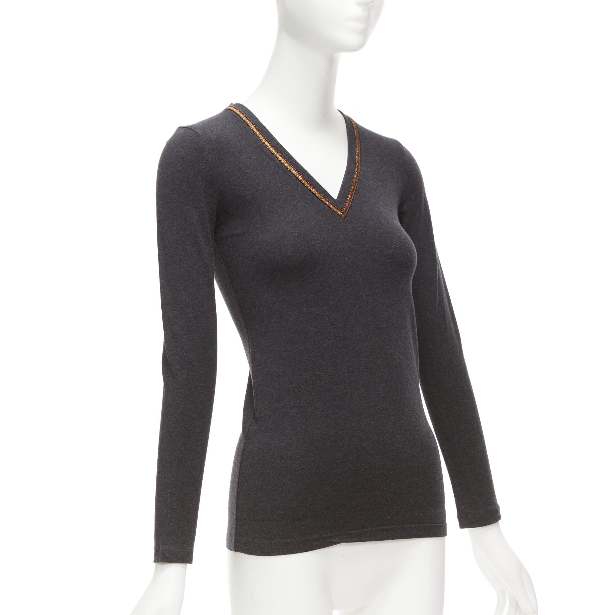 BRUNELLO CUCINELLI grey cotton blend gold foil v neck sweater top XXS In Excellent Condition For Sale In Hong Kong, NT