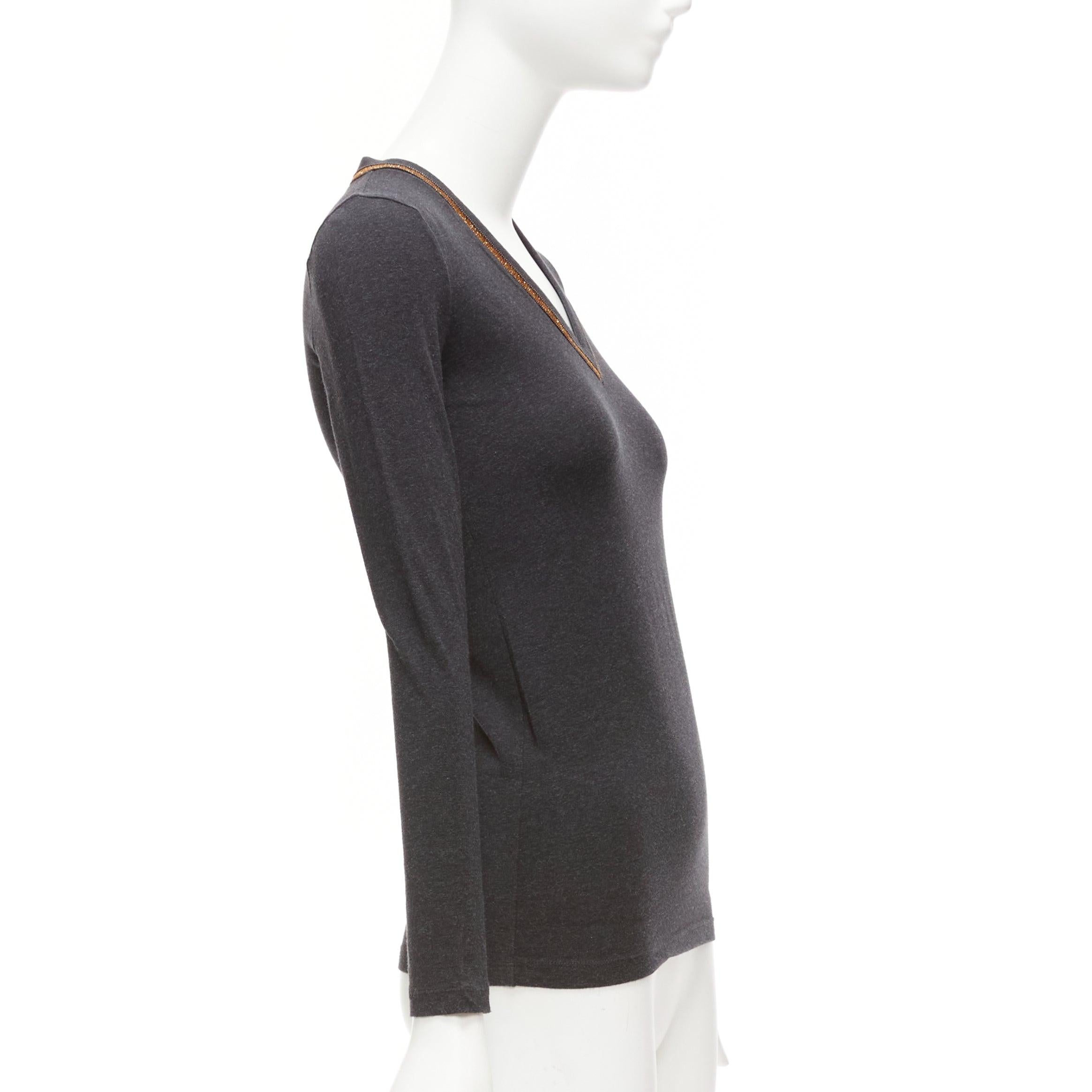 BRUNELLO CUCINELLI Graues Pullover-Top aus Baumwollmischung und Goldfolie mit V-Ausschnitt XXS Damen im Angebot