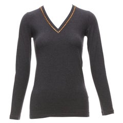 BRUNELLO CUCINELLI grey cotton blend gold foil v neck sweater top XXS