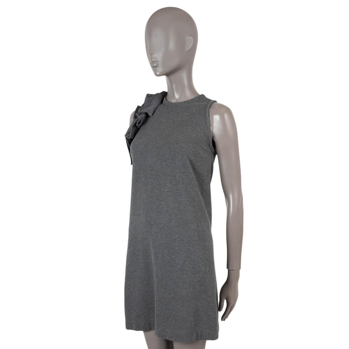 100% authentic Brunello Cucinelli sleeveless jersey dress in grey cotton and elastane. The design features a round neck, flounces on one shoulder and opens with a zipper on the back. Unlined. Has been worn and is in excellent condition.
