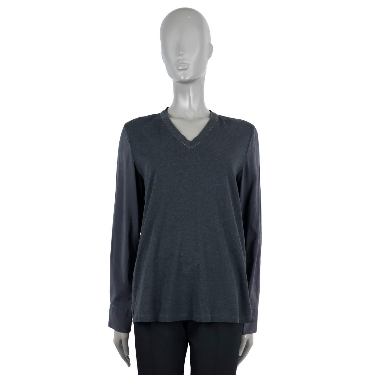 BRUNELLO CUCINELLI grey cotton & silk PANELED MONILI V-NECK Sweater XL In Excellent Condition For Sale In Zürich, CH