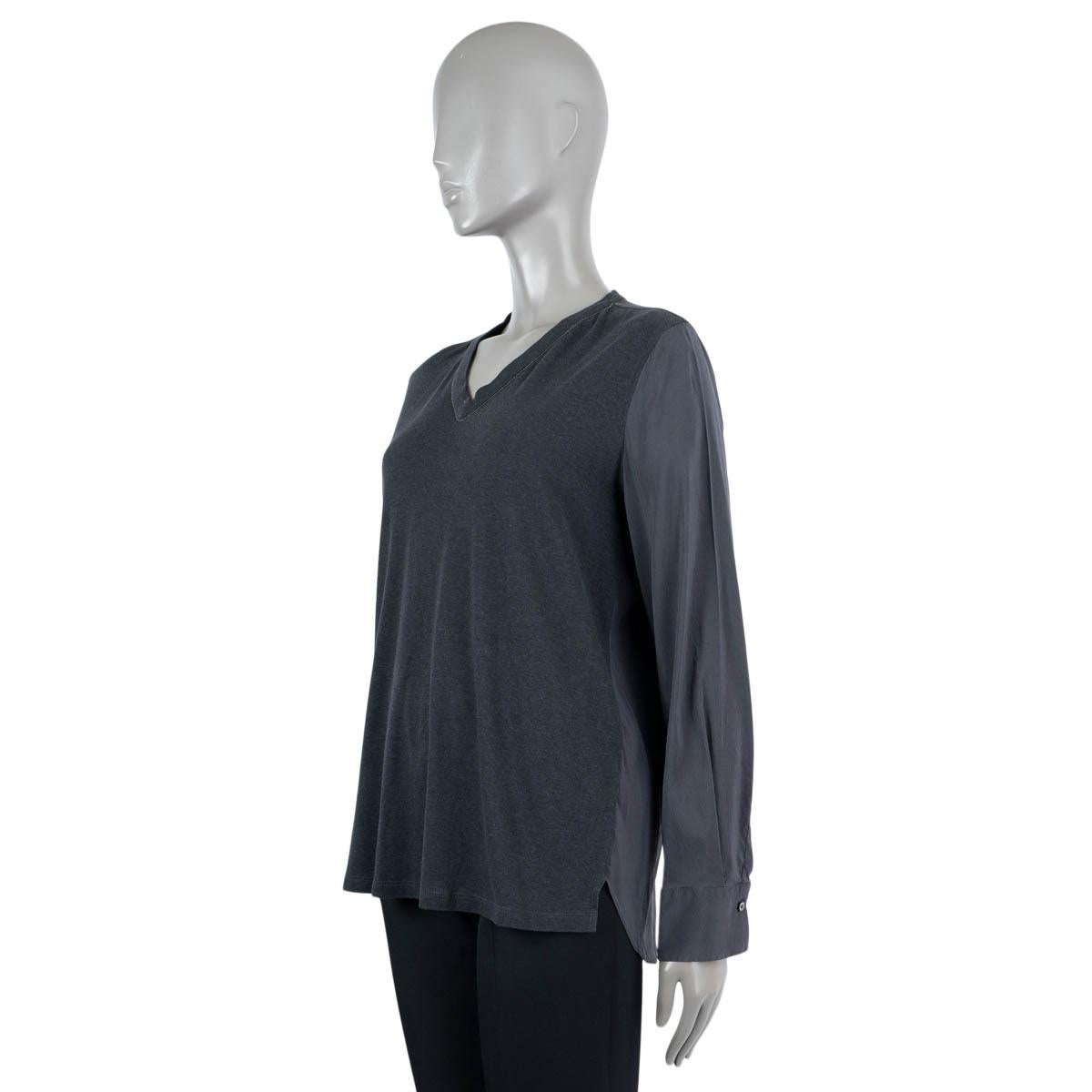 Women's BRUNELLO CUCINELLI grey cotton & silk PANELED MONILI V-NECK Sweater XL For Sale