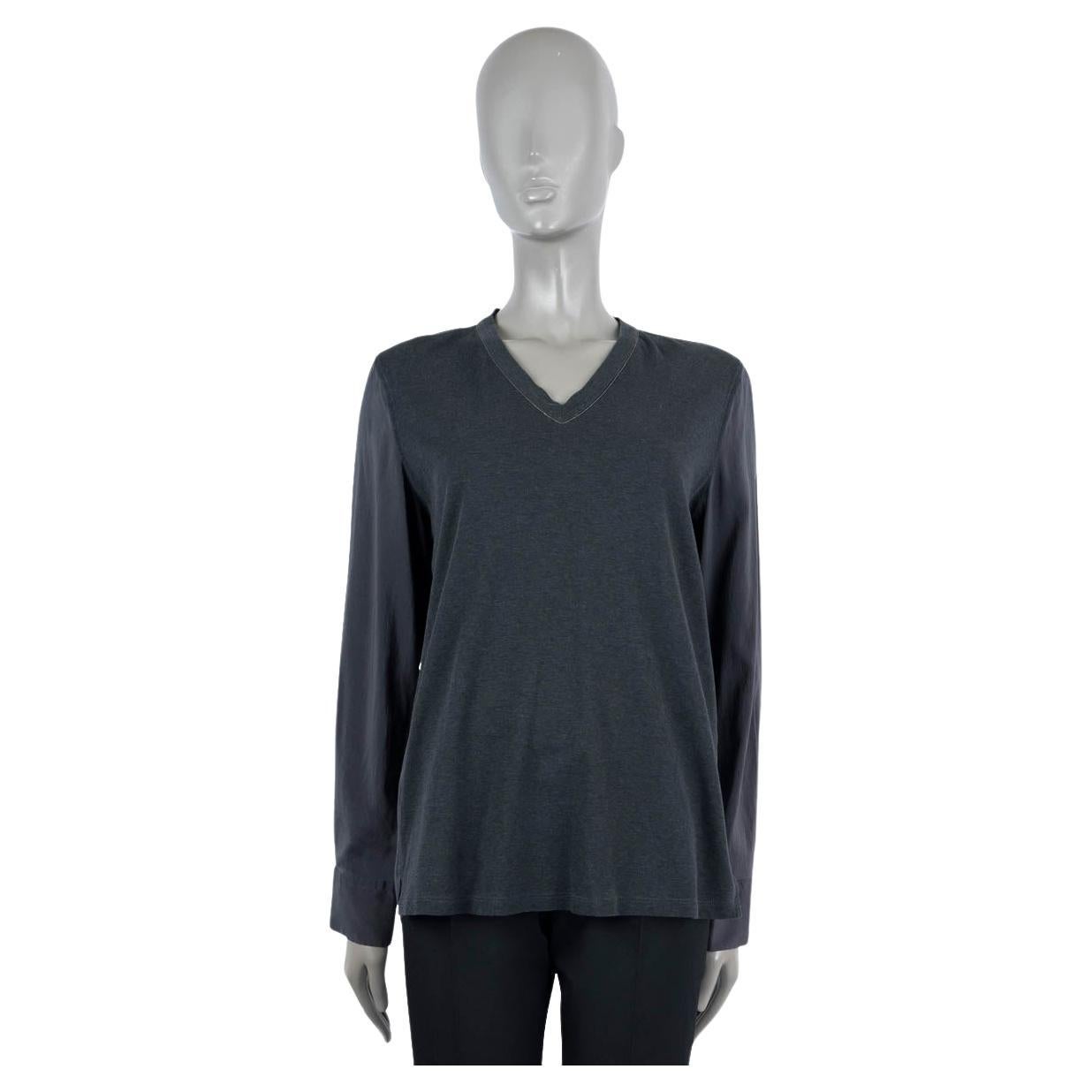 BRUNELLO CUCINELLI grey cotton & silk PANELED MONILI V-NECK Sweater XL For Sale
