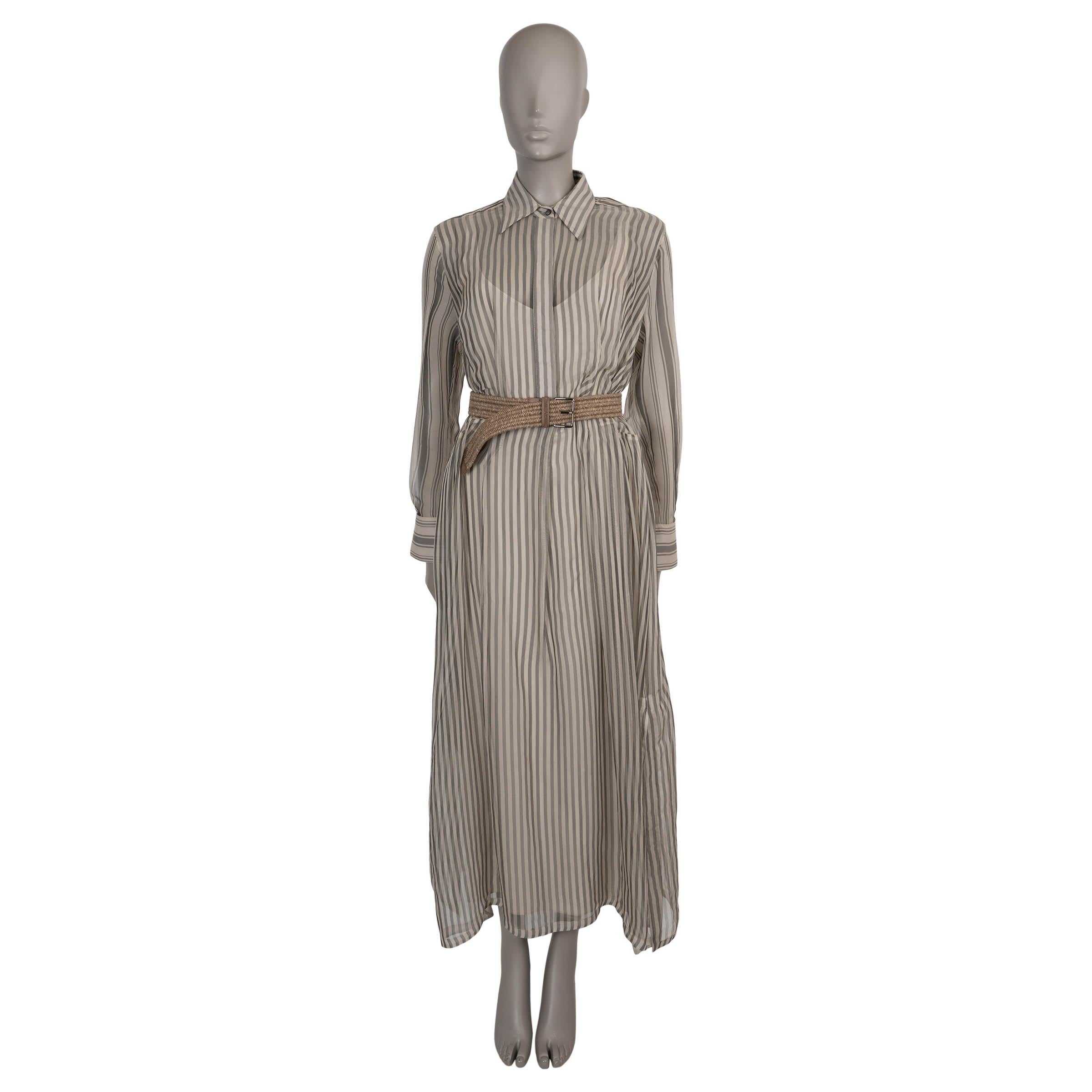 BRUNELLO CUCINELLI grey 
cream silk 2022 BELTED STRIPED SHIRT Dress S