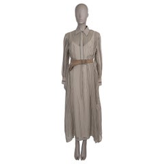 BRUNELLO CUCINELLI grey 
cream silk 2022 BELTED STRIPED SHIRT Dress S