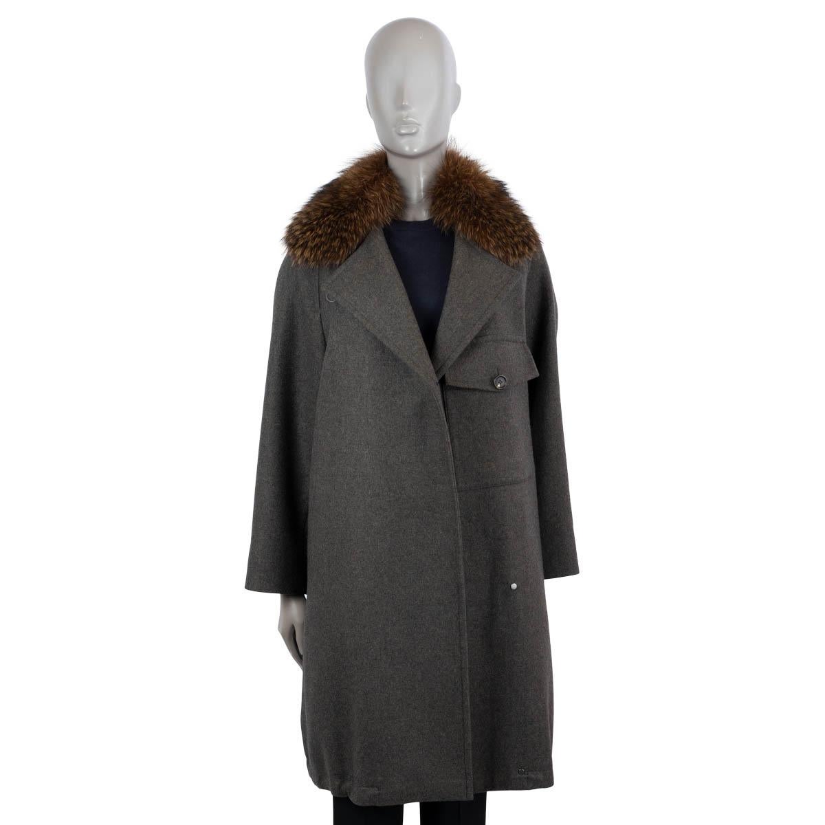 Gray BRUNELLO CUCINELLI grey & green cashmere FUR TRIM Coat Jacket 40 S For Sale