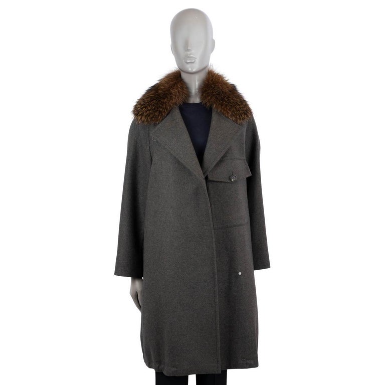 Men's Custom Made Grey Cashmere Trench with Grey Fox Fur Collar L