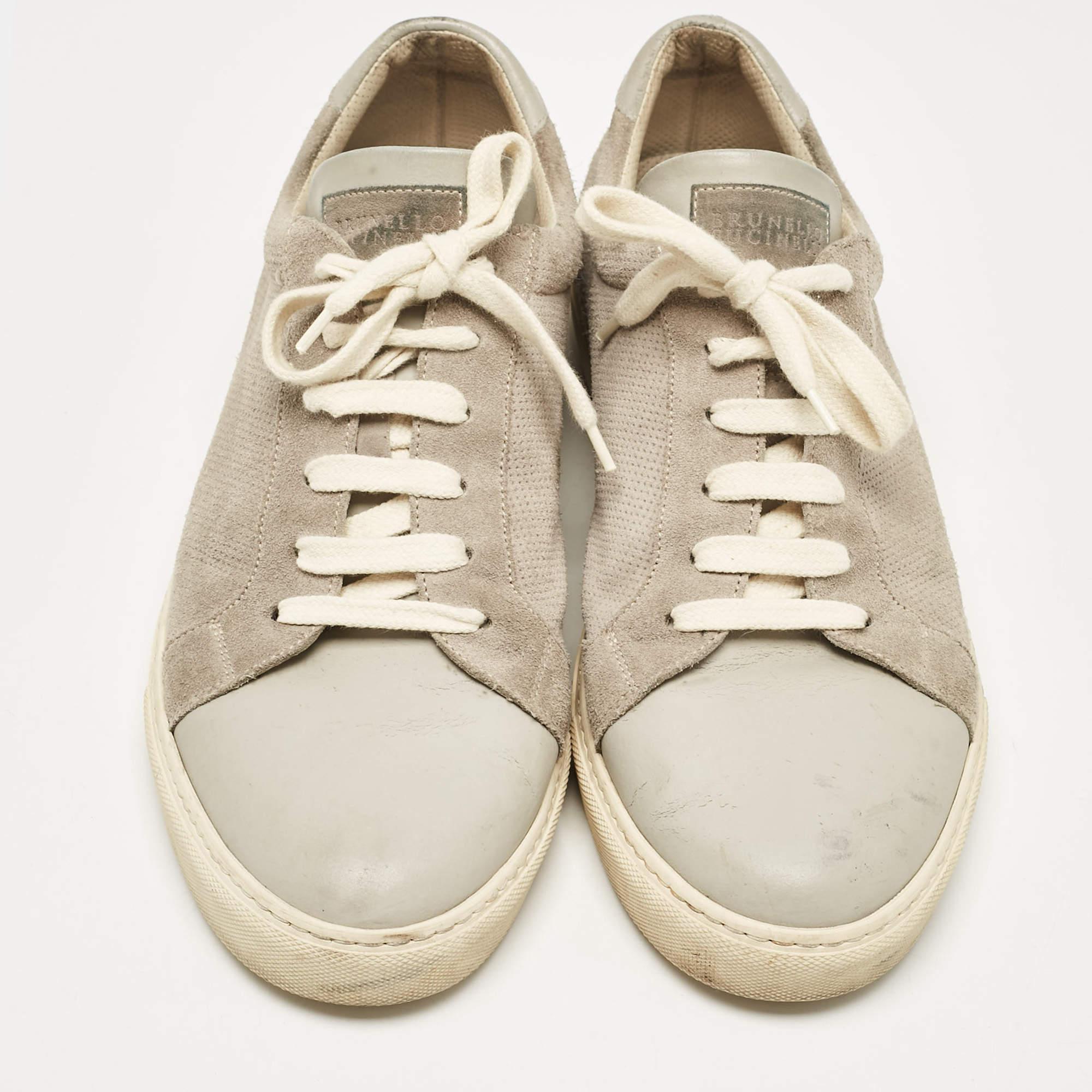 Beige Brunello Cucinelli Grey Leather and Suede Low Top Sneakers Size 44