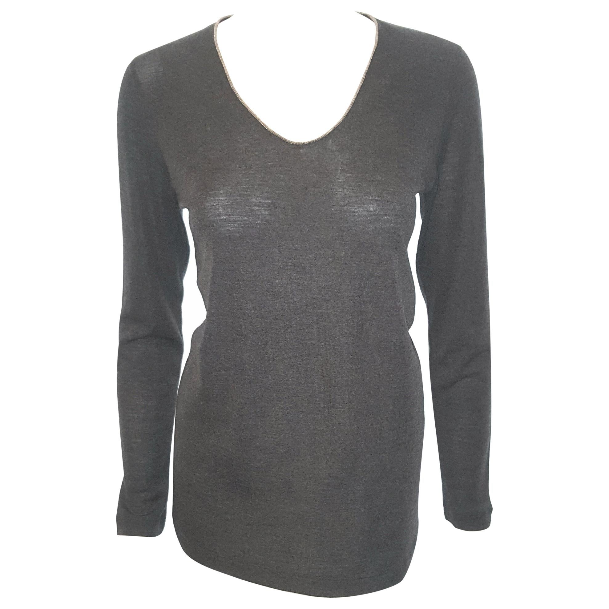 Brunello Cucinelli Grey Pullover Sweater With Monili Detail on Neckline For Sale