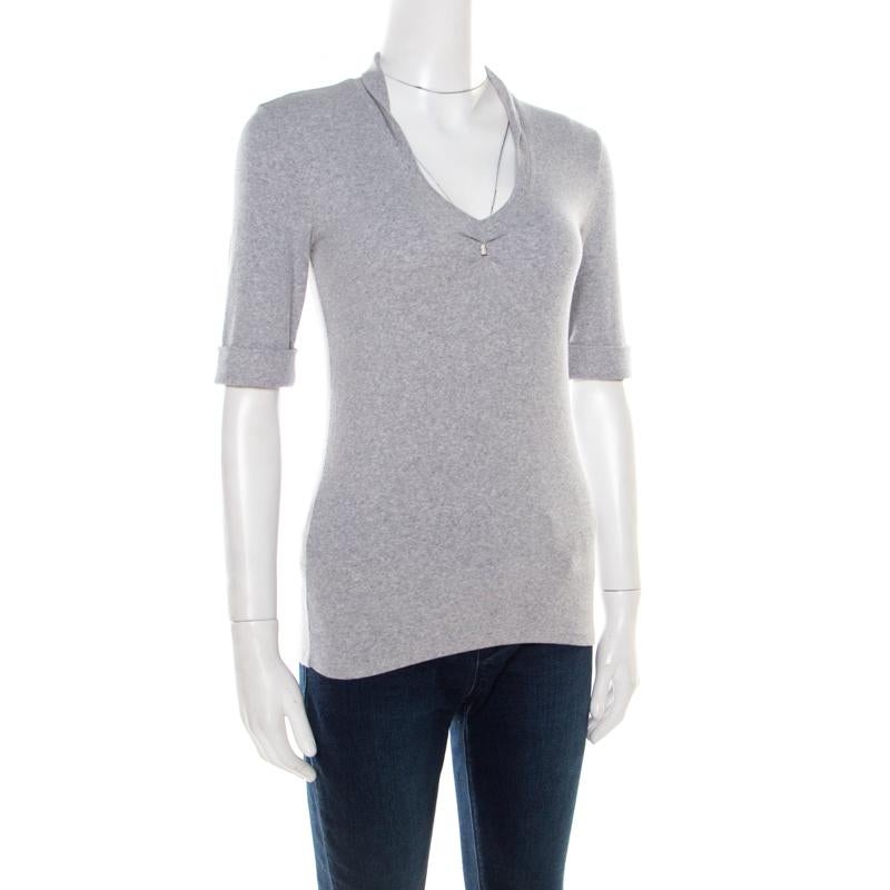 Gray Brunello Cucinelli Grey Ribbed Cotton Sparkle Bead Embellished Top L