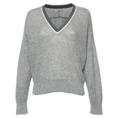 Brunello Cucinelli Grey Sequined Knit V-Neck Jumper S