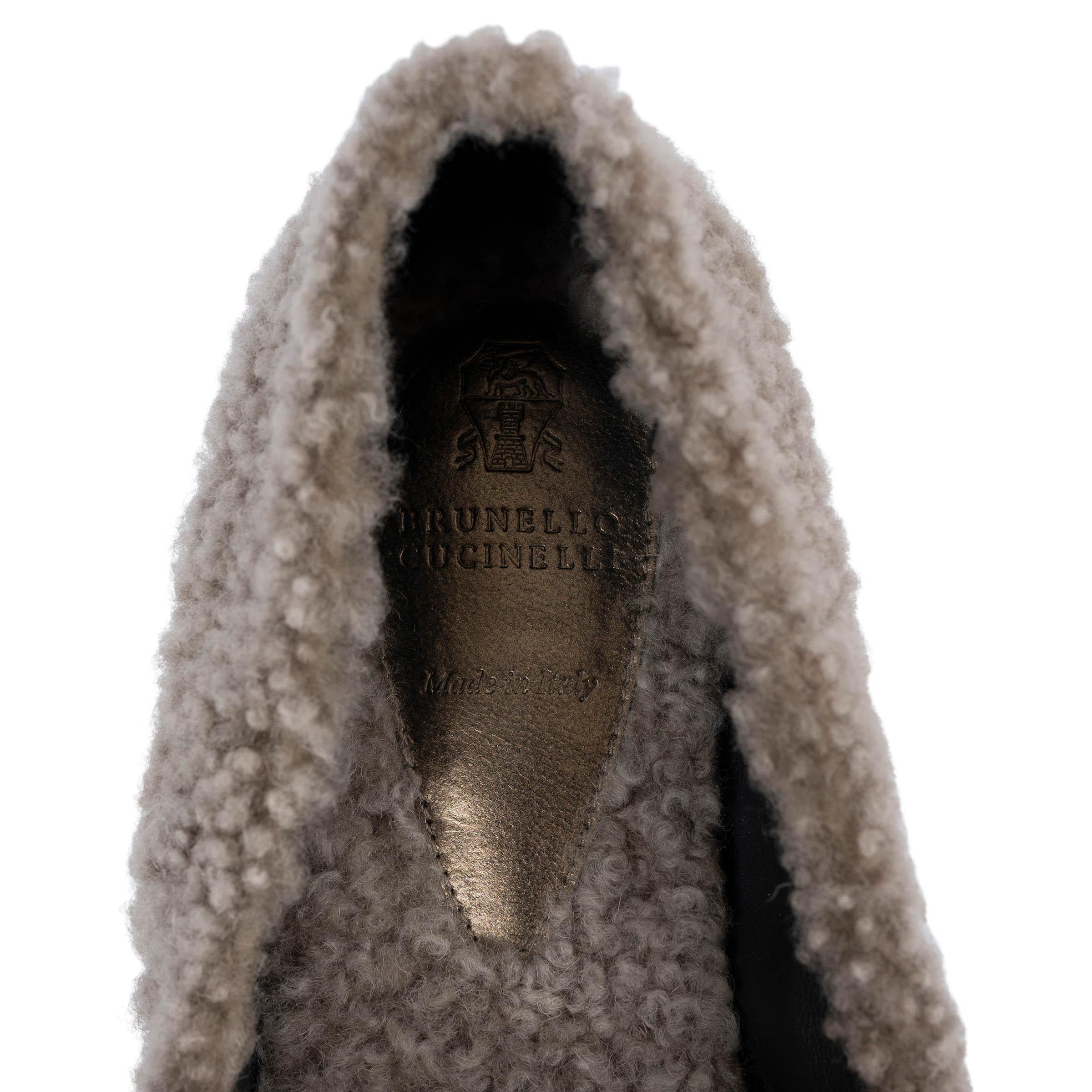 Brunello Cucinelli grigio SHEARLING MONILI Ballerine 38 in vendita 1