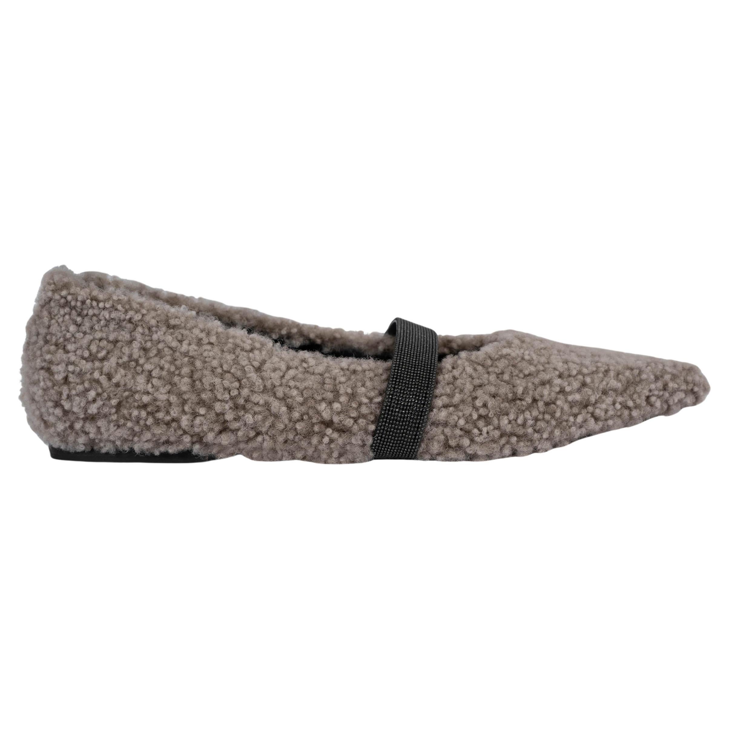 Brunello Cucinelli grigio SHEARLING MONILI Ballerine 38 in vendita