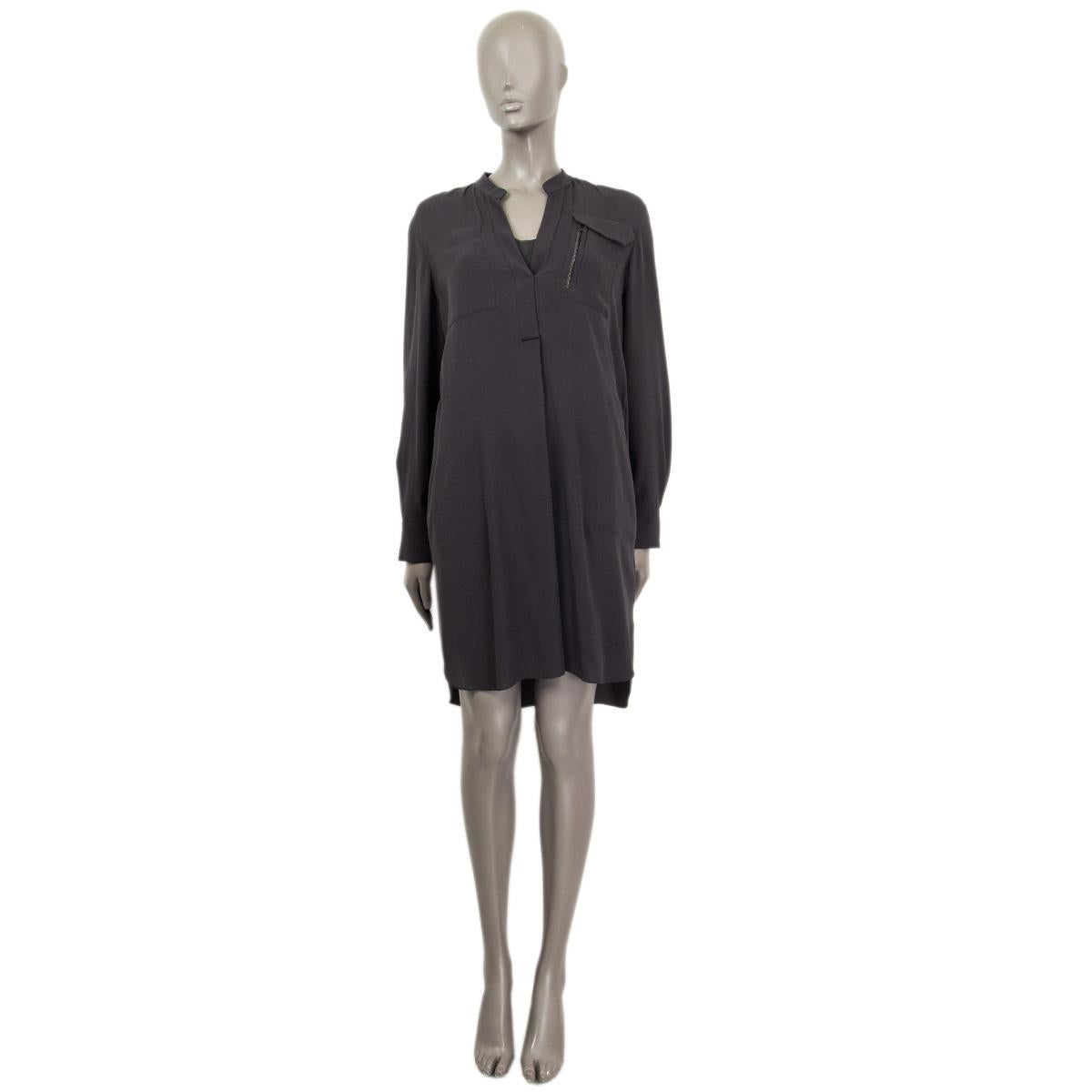 100% authentic Brunello Cucinelli long sleeve draped shirt dress in anthracite silk (100%) with an embroidered V-neck . Embellished with signature Cucinelli beads. With buttoned cuffs, one zipper pocket and three slit pockets on the front. Comes