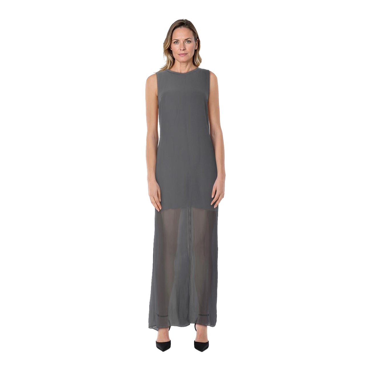 Brunello Cucinelli Graues Seiden-Maxi-Kleid ohne Ärmel Größe M
