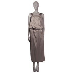 BRUNELLO CUCINELLI grey silk SATIN DRAWSTRING WAIST MAXI Dress L