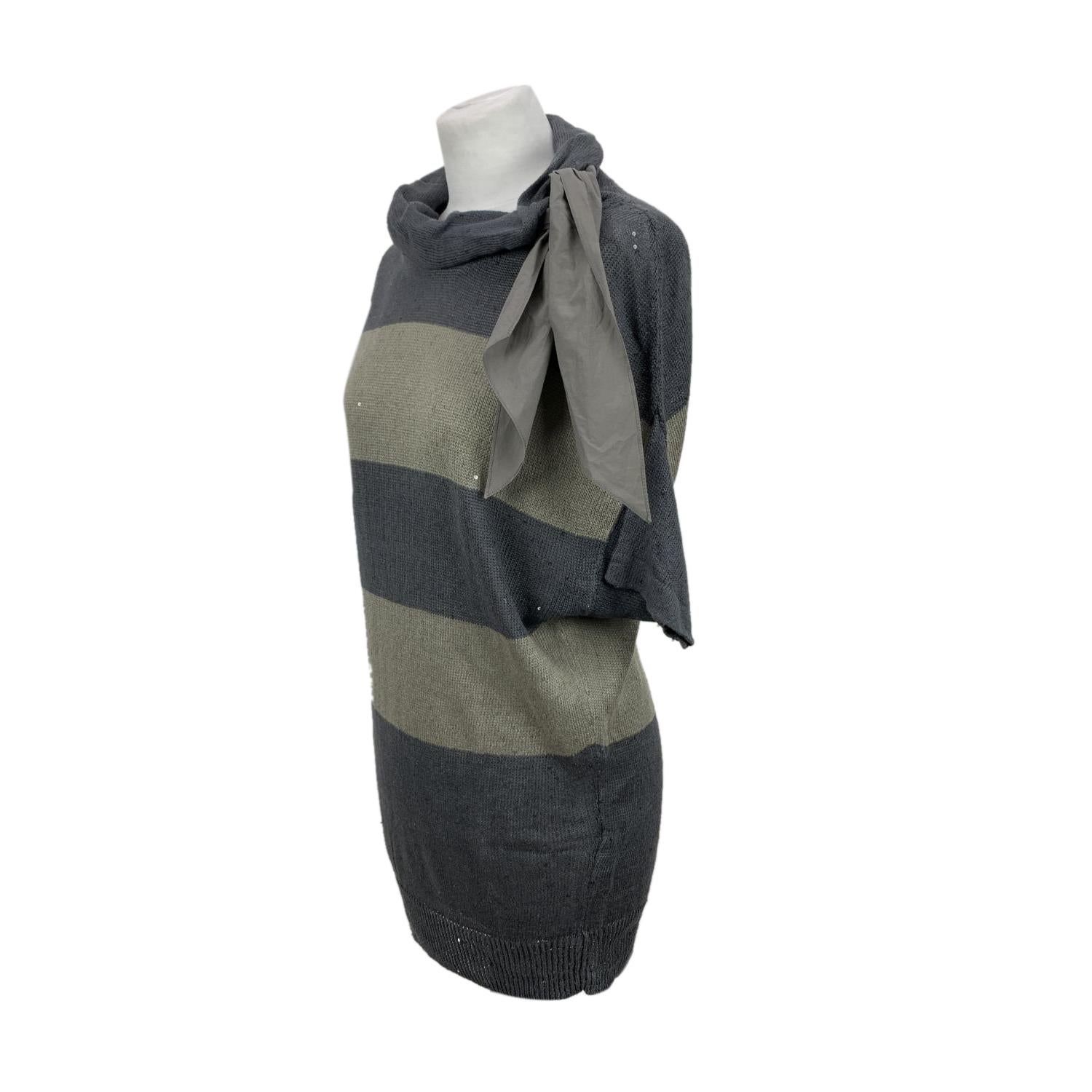 Black Brunello Cucinelli Grey Striped Short Sleeve Jumper Size S