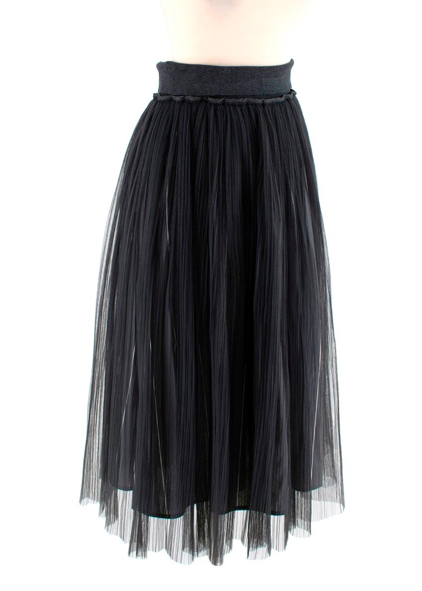 Brunello Cucinelli Grey Striped Tulle Mid-Length Skirt 
 

 - Ballet-style mid-length tulle skirt
 - Box pleats
 - Grey pinstriped flannel interior
 - Tonal ribbed jersey waistband
 

 Materials 
 100% Polyamide 
 

 Made in Italy 
 Dry Clean 
 

