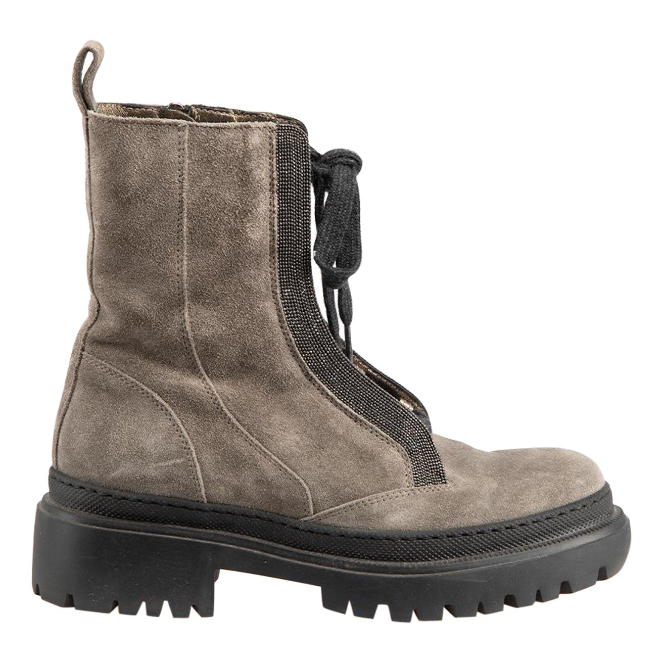 Brunello Cucinelli Grey Suede Beaded Combat Boots Size IT 36
