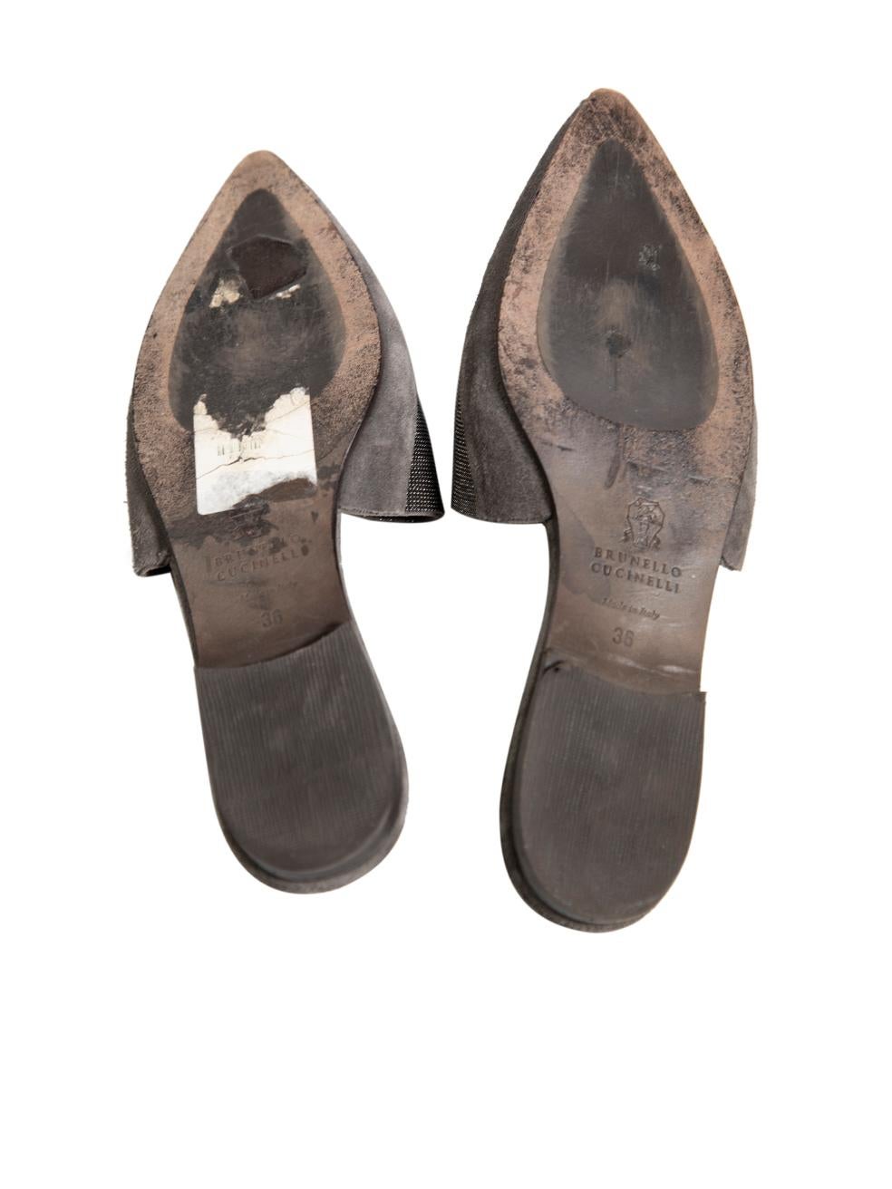Women's Brunello Cucinelli Grey Suede Beaded Point Mules Size IT 36 For Sale
