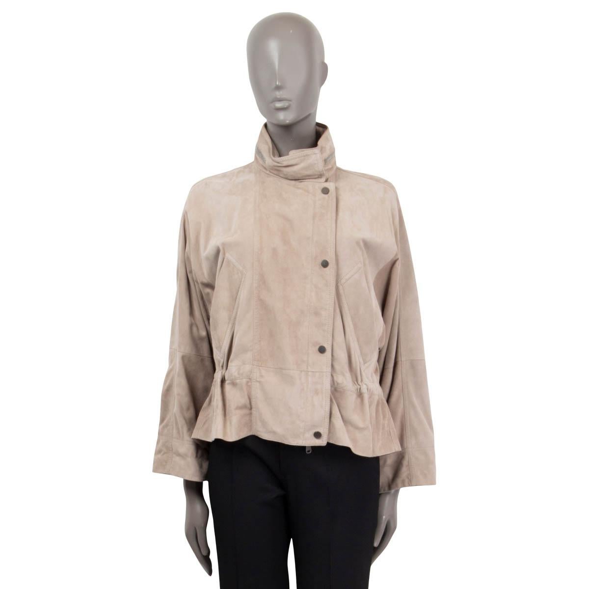 Beige BRUNELLO CUCINELLI taupe suede HIGH NECK HOODED Jacket 38 XS For Sale