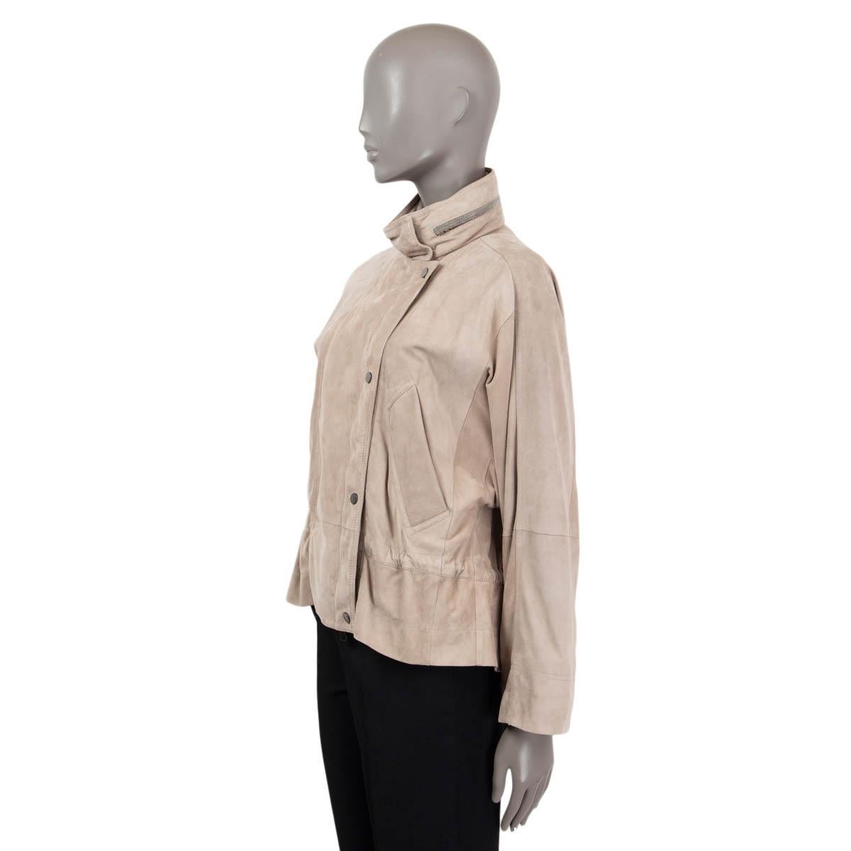 BRUNELLO CUCINELLI taupe suede HIGH NECK HOODED Jacket 38 XS In Excellent Condition For Sale In Zürich, CH