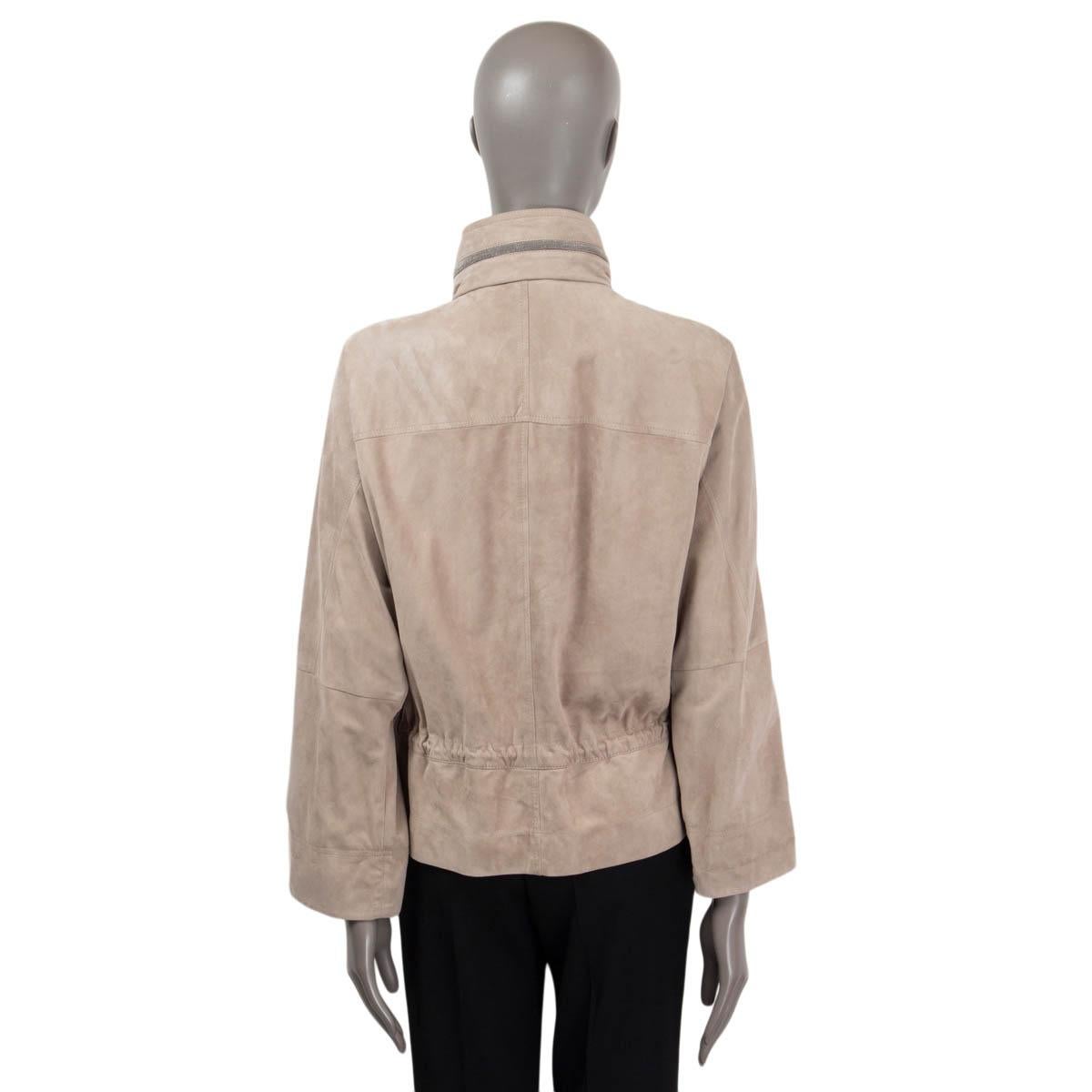 BRUNELLO CUCINELLI taupe suede HIGH NECK HOODED Jacket 38 XS For Sale 1