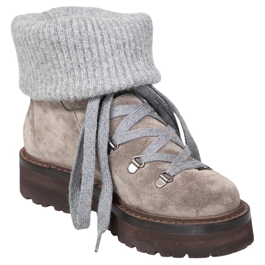 Brunello Cucinelli Grey Suede Knit Trim Boots Size IT 36 For Sale