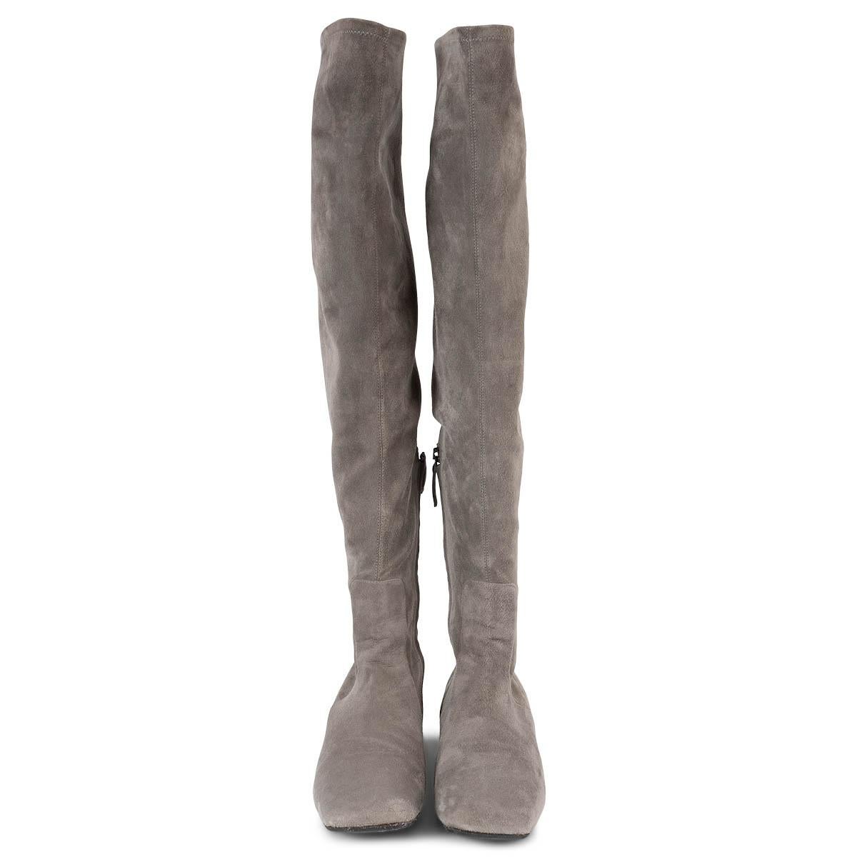 100% authentic Brunello Cucinelli Monili embellished block heel over-knee boots in grey stretchy suede. Open with an inner mid-calf zipper. Have been worn and are in excellent condition. Come with dust bag. 

Measurements
Imprinted Size	39
Shoe