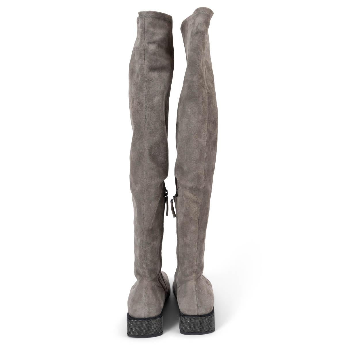 Women's BRUNELLO CUCINELLI grey suede MONILI BLOCK HEEL OVER KNEE Boots Shoes 39 For Sale