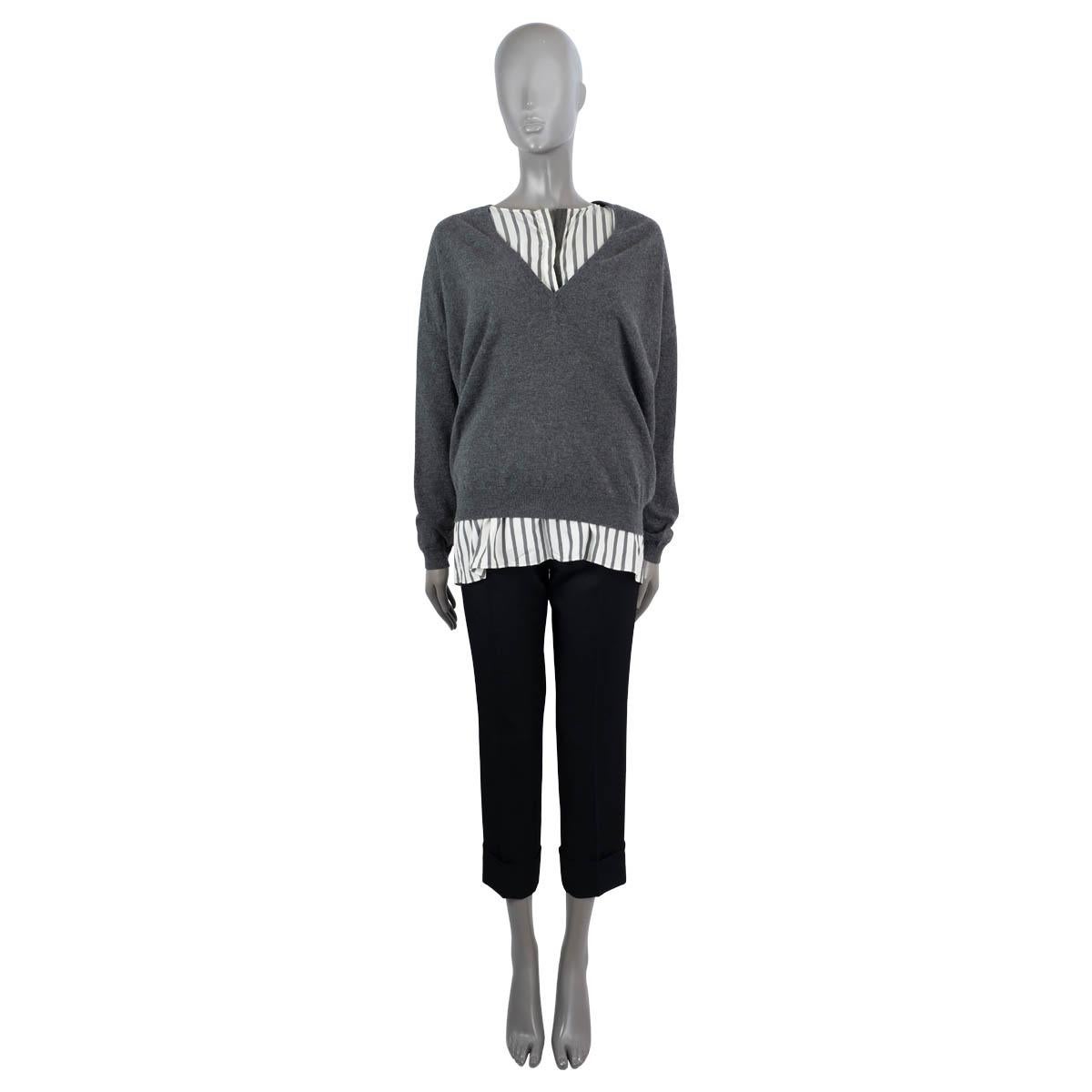 100% authentic Brunello Cucinelli twinset consisting of a sweater in grey cashmere (100%) and a sleeveless blouse grey and ivory striped silk (100%). Features a V-neck on the sweater and crewneck with Monili trim on the top. Both pieces can be