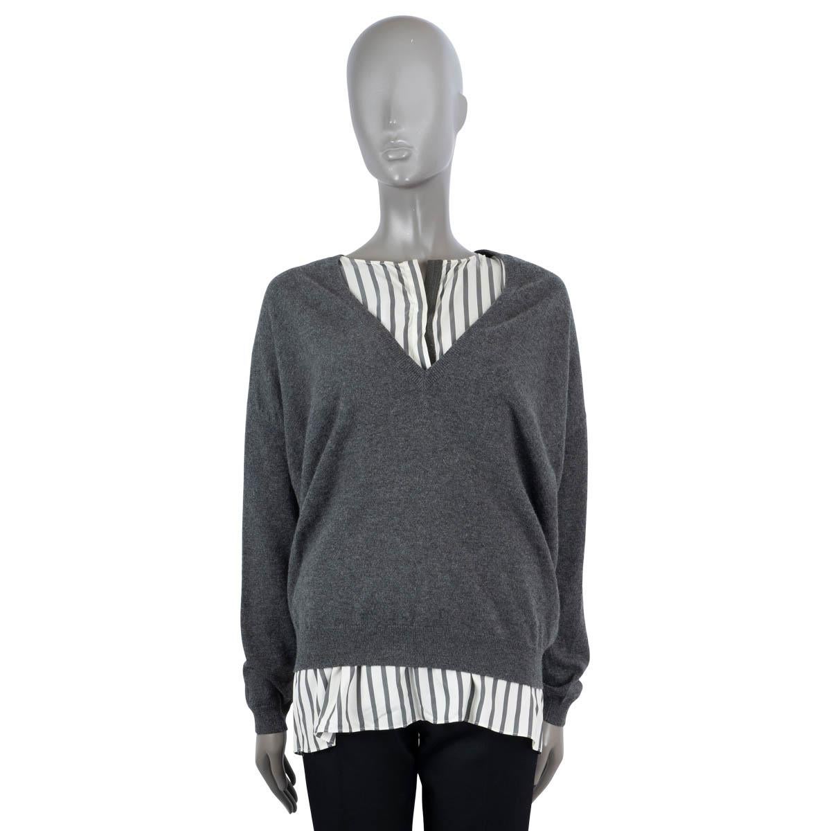 Gray BRUNELLO CUCINELLI grey & white STRIPED BLOUSE & MONILI V-NECK Sweater XL For Sale