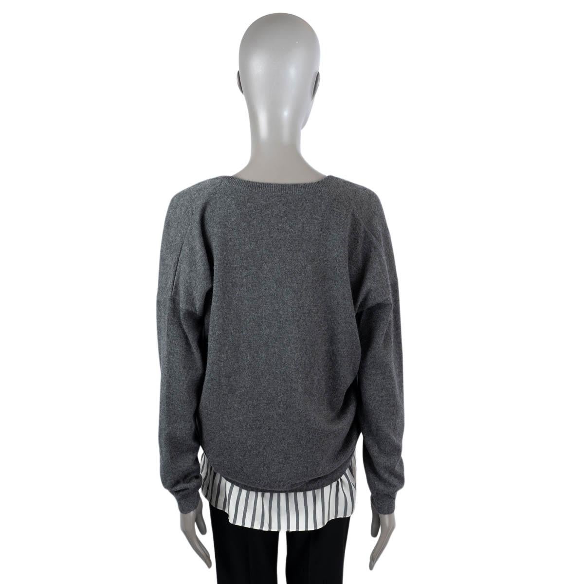 Women's BRUNELLO CUCINELLI grey & white STRIPED BLOUSE & MONILI V-NECK Sweater XL For Sale