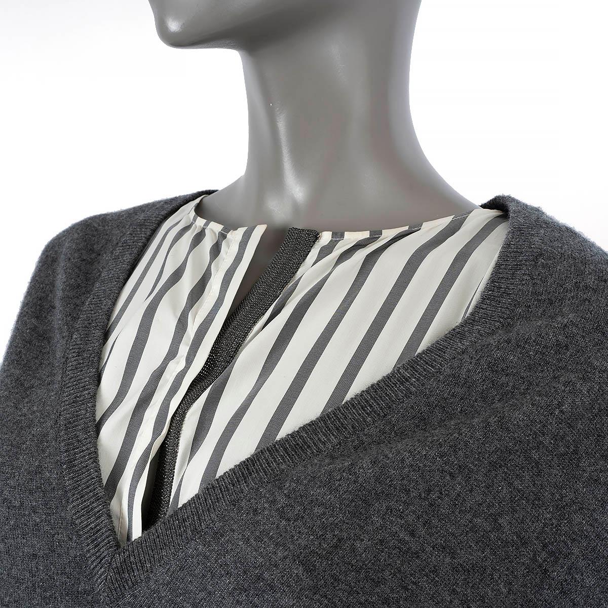 BRUNELLO CUCINELLI grey & white STRIPED BLOUSE & MONILI V-NECK Sweater XL For Sale 1