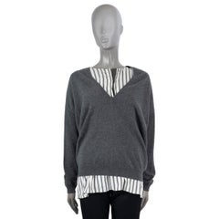 BRUNELLO CUCINELLI grey & white STRIPED BLOUSE & MONILI V-NECK Sweater XL