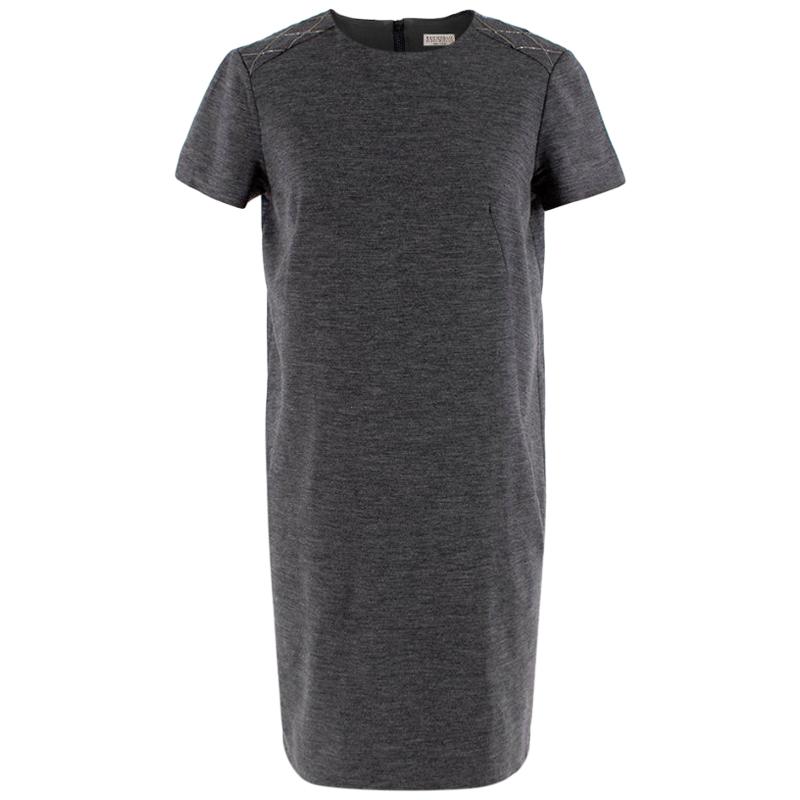 Brunello Cucinelli Grey Wool Jersey Short Sleeve Dress - Size S For Sale