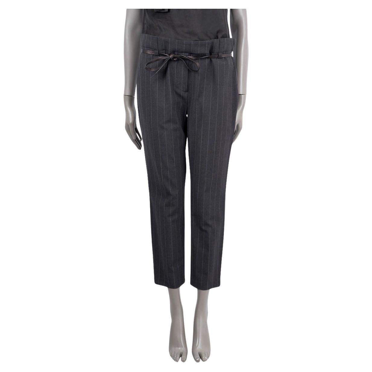 BRUNELLO CUCINELLI grey wool PINSTRIPE BELTED Pants 44 L For Sale