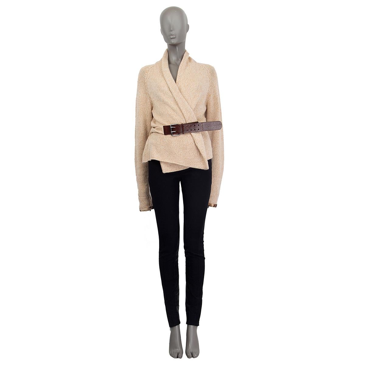 100% authentic Brunello Cucinelli shawl collard belted cardigan in heather beige cashmere (100%) with leopard satin trim on the cuffs and dark brown leather details on the belt. Has been worn and is in excellent condition.

Measurements
Tag