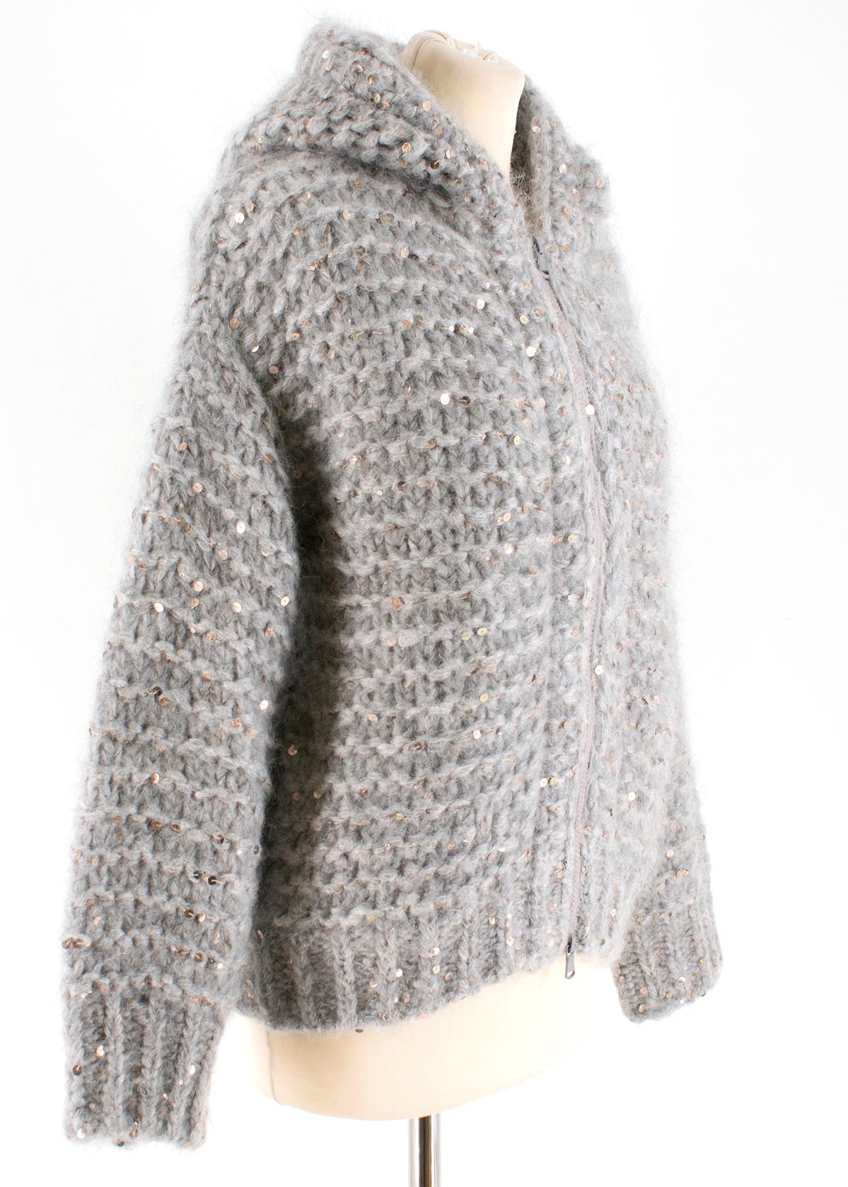 Brunello Cucinelli Hooded Sequin-Embellished Knit Jacket

-Light-gray mohair blend
-Two-way zip-fastening through front
-Hooded
-Rose-gold sequin
-Chunky knit
-Chunky knit ribbed hem and cuff
-Grey hardware
-Mid-heavy material 

Please note, these