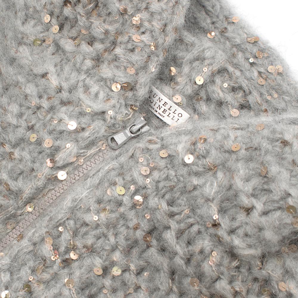 Gray Brunello Cucinelli Hooded Sequin-Embellished Knit Jacket XXS