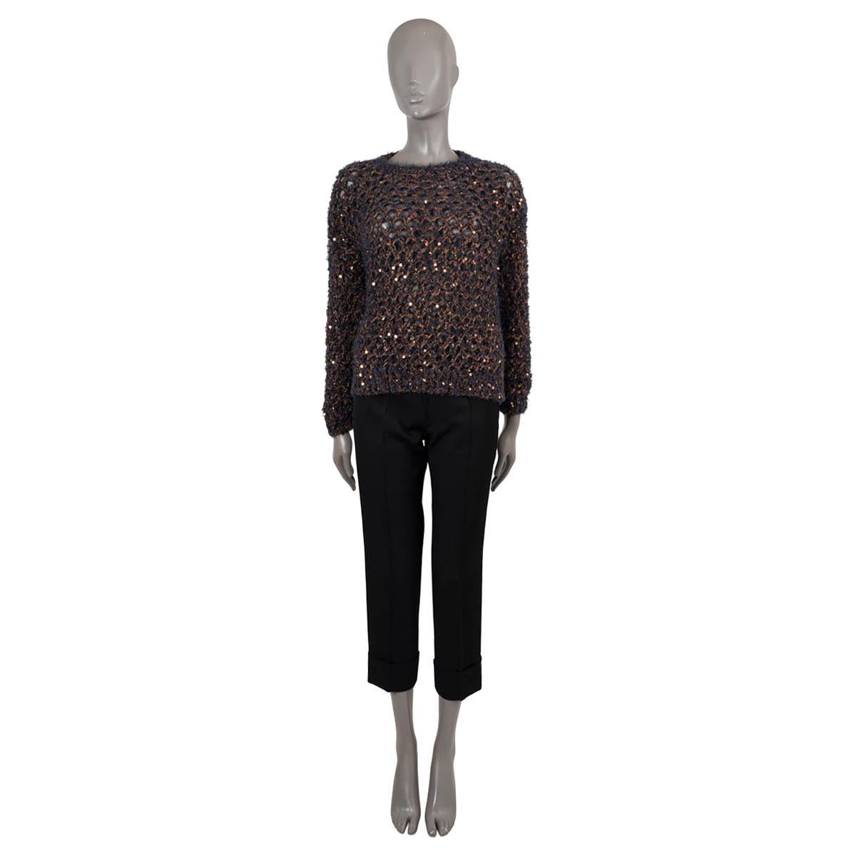 100% authentic Brunello Cucinelli net sweater in ink blue and bronze diamond yarn cotton (43%), polyurethane (20%), polyester (17%), polyamide (12%), acrylic (4%) and wool (4%). Features a chunky open knit with bronze sequins through out, a crewneck