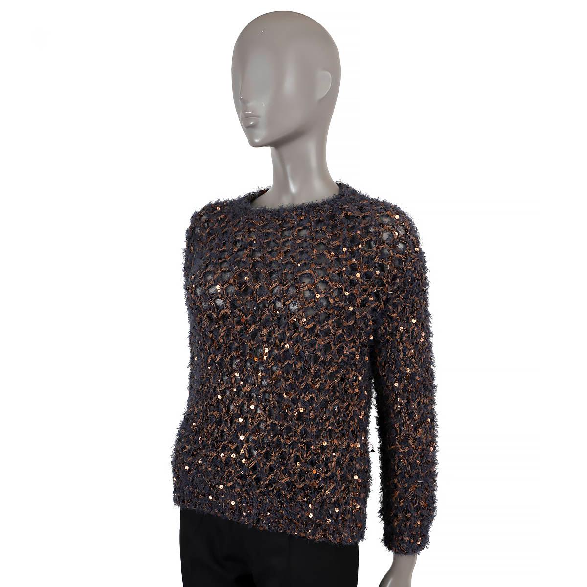 BRUNELLO CUCINELLI Ink blue bronze cotton SEQUIN CHUNKY OPEN KNIT NET Sweater XS For Sale 1