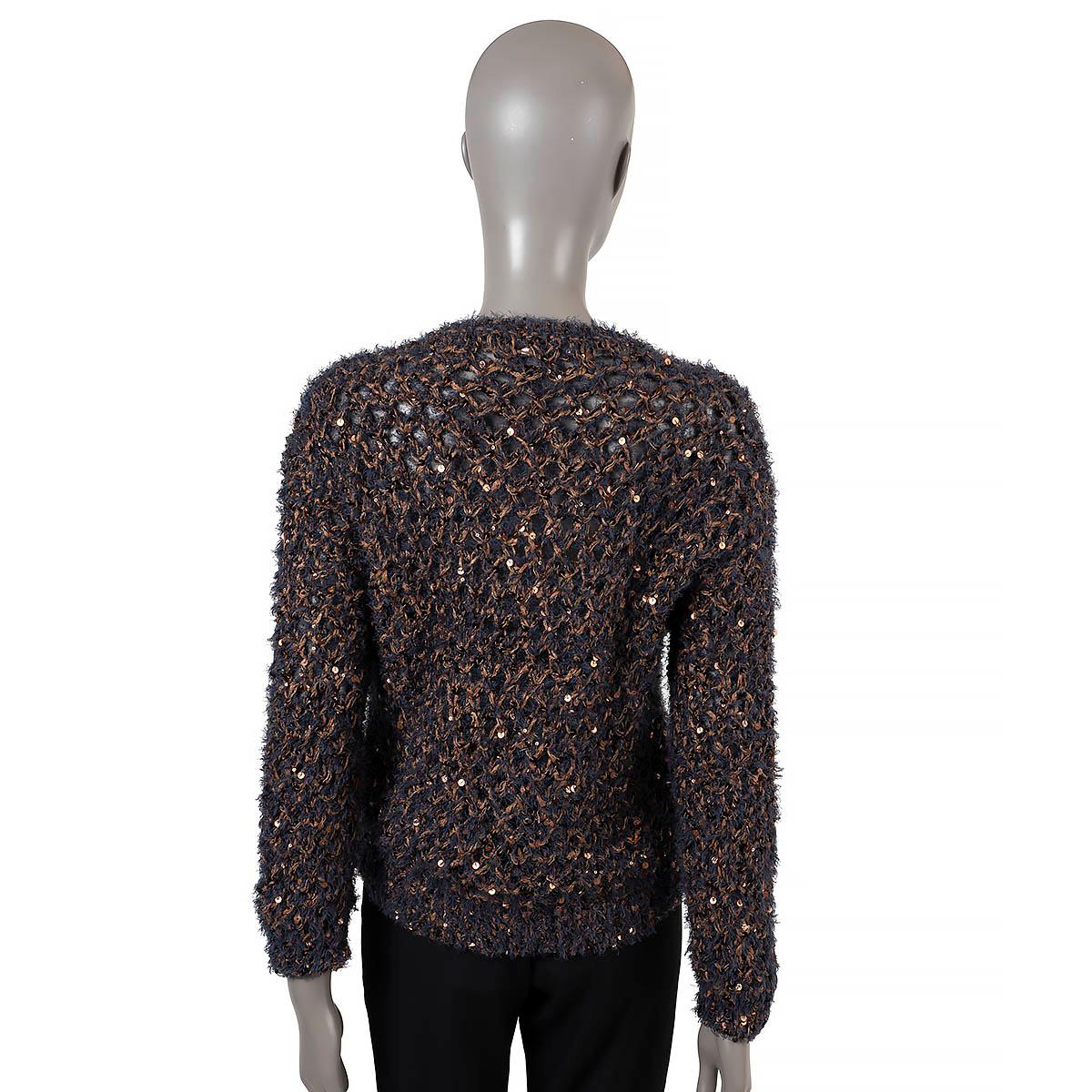 BRUNELLO CUCINELLI Ink blue bronze cotton SEQUIN CHUNKY OPEN KNIT NET Sweater XS For Sale 2