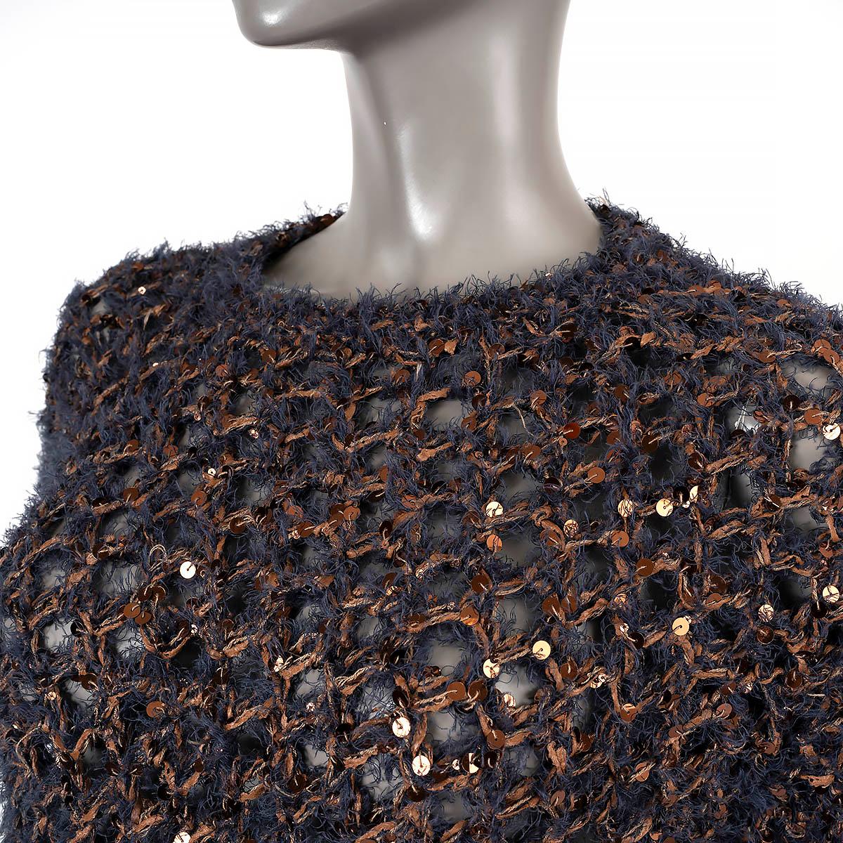 BRUNELLO CUCINELLI Ink blue bronze cotton SEQUIN CHUNKY OPEN KNIT NET Sweater XS For Sale 3