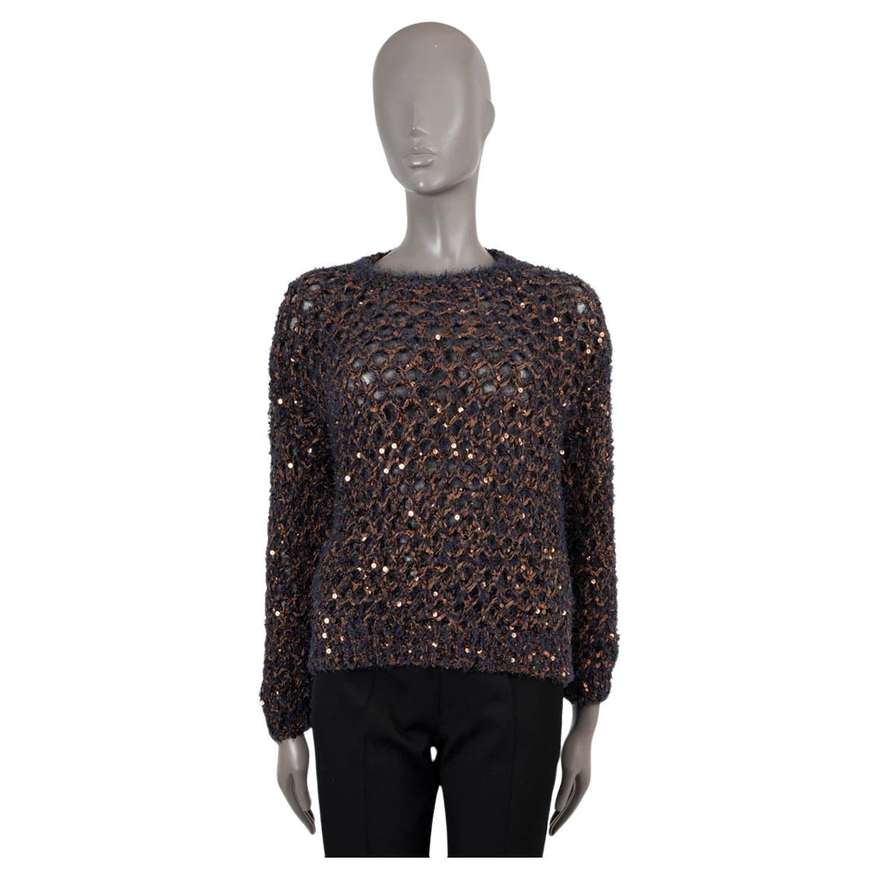 BRUNELLO CUCINELLI Ink blue bronze cotton SEQUIN CHUNKY OPEN KNIT NET Sweater XS For Sale